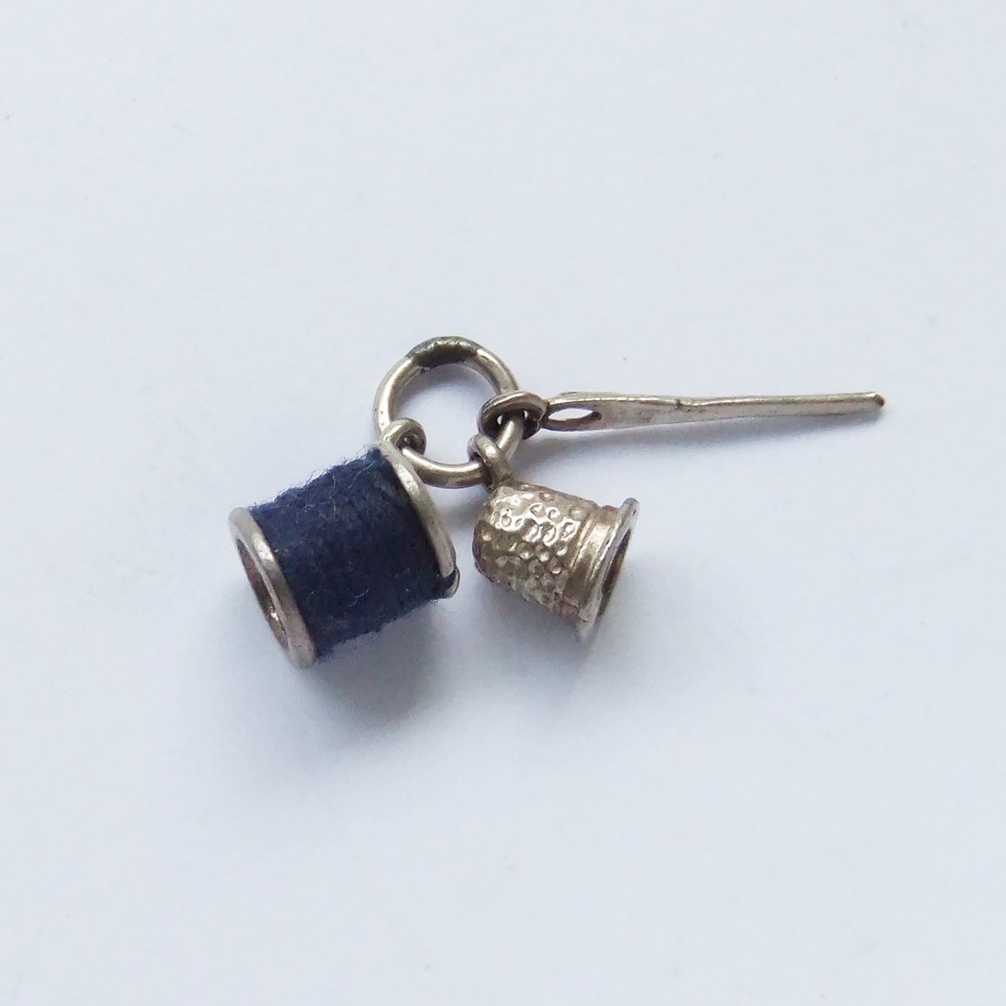 Vintage Sewing Charm Blue Cotton Needle Reel Thimble