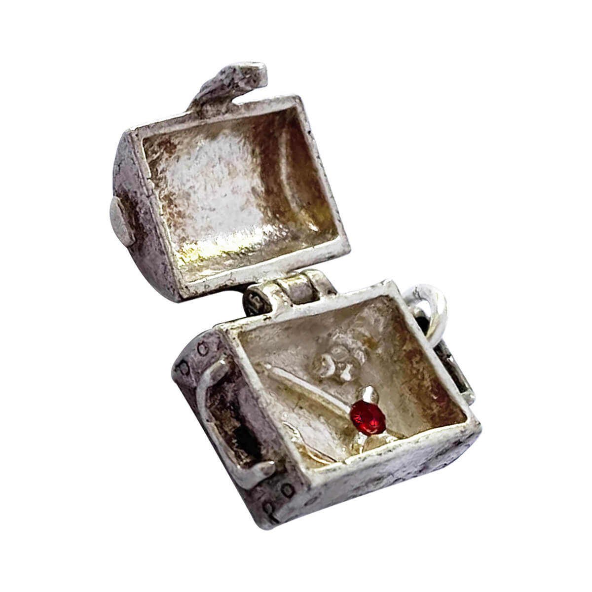 Vintage Nuvo treasure chest charm opening to red crystal sterling silver pendant.