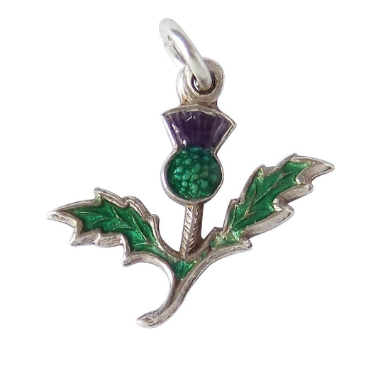 Vintage thistle charm silver flower pendant with green and purple enamel 
