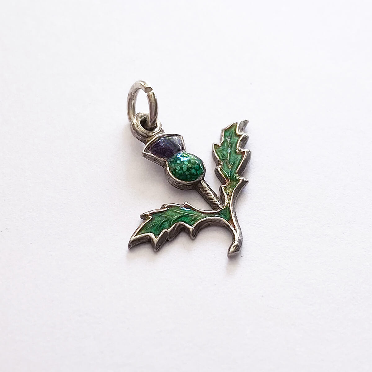 Vintage thistle charm silver flower pendant with purple and green enamel 