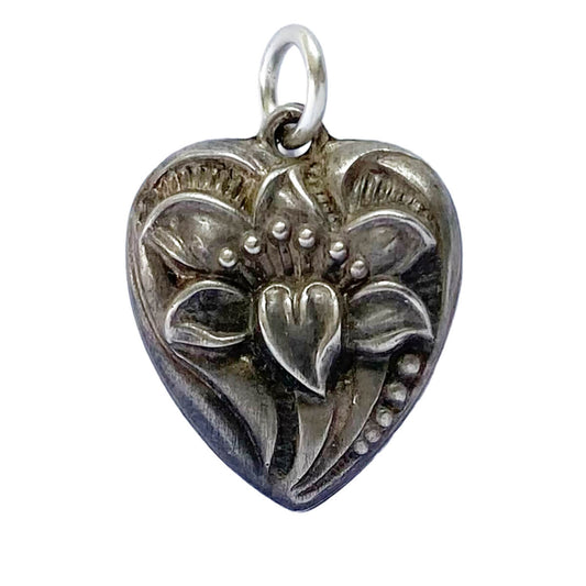 Vintage Walter Lampl sterling silver floral heart charm pendant from Charmarama