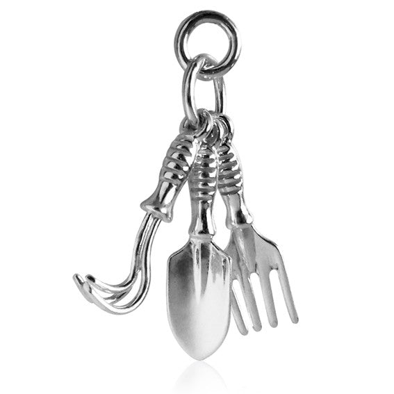 Sterling silver Gardening Tools charm on a white background