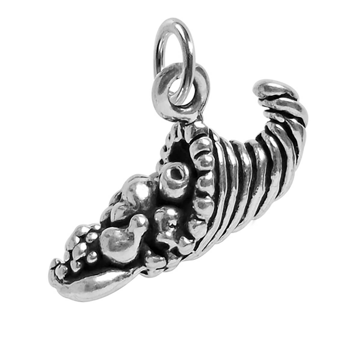 Sterling silver Cornucopia charm on a white background
