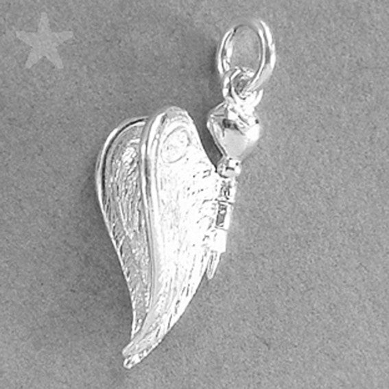 Sterling silver guardian angel wings charm on a grey background