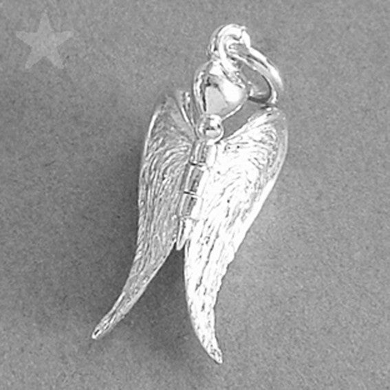 Sterling silver guardian angel wings charm on a grey background