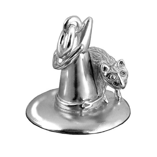 silver cat on witch hat charm on a white background