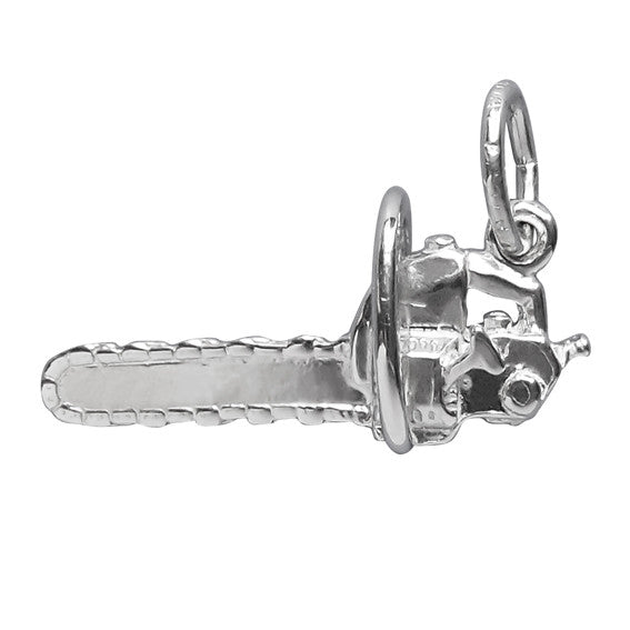 silver chainsaw charm on a white background