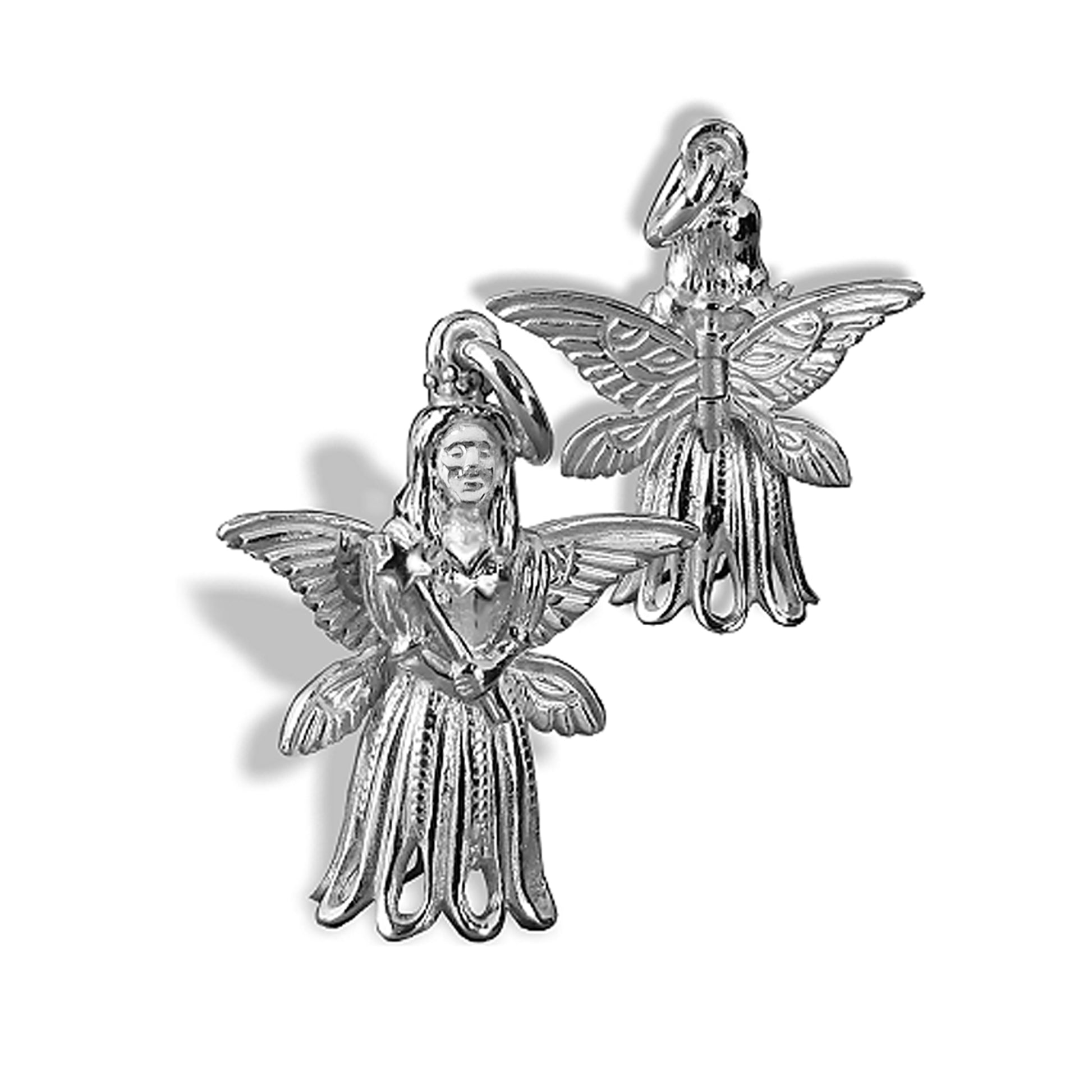 Front and back view of sterling silver Christmas tree fairy charm on a white background