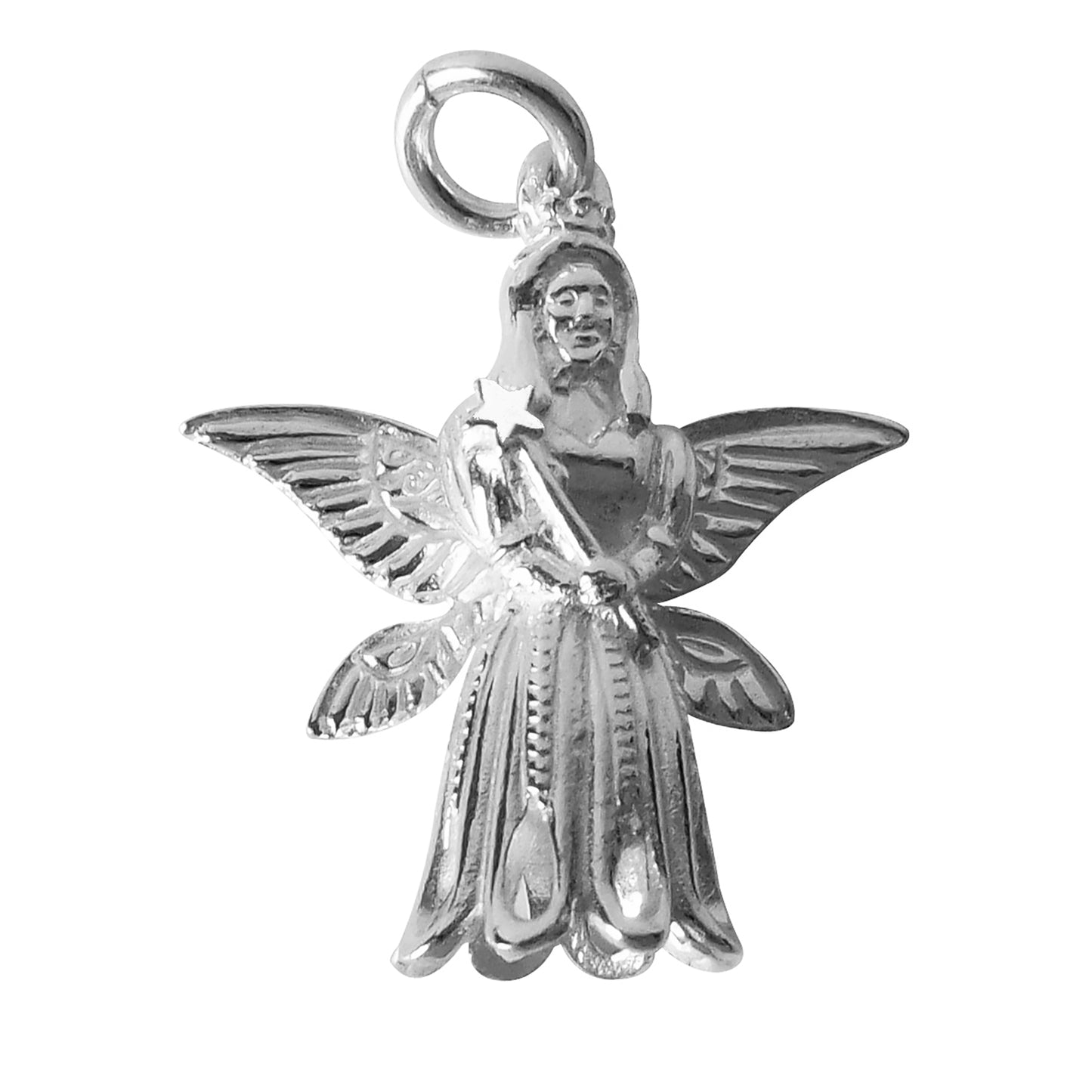 Sterling silver Christmas tree fairy charm on a white background