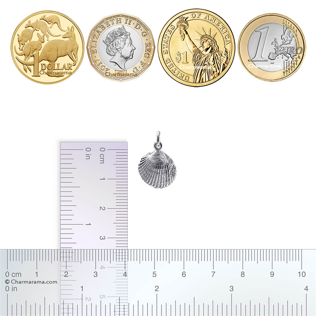 Sterling silver cockle shell charm with coins and ruler on white background