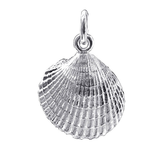 Sterling silver cockle shell charm on white background