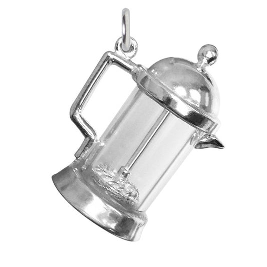 Sterling silver coffee plunger charm on a white background