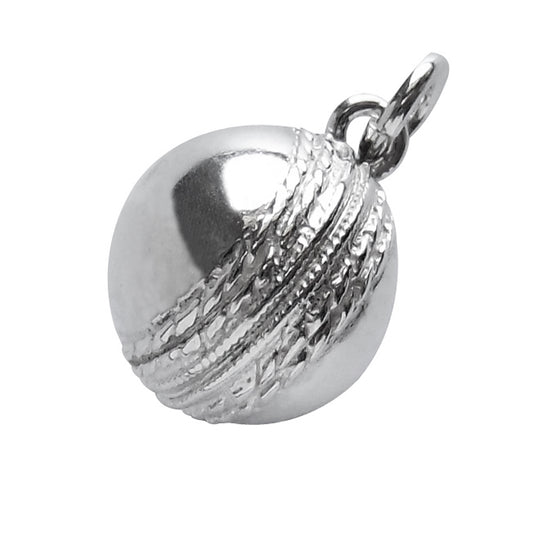 Sterling silver cricket ball charm on a white background
