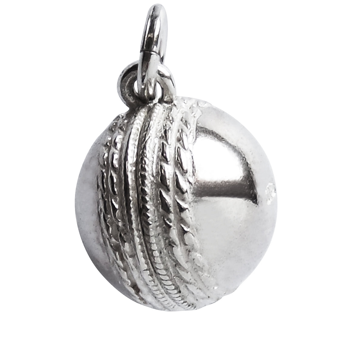 Sterling silver cricket ball charm on a white background