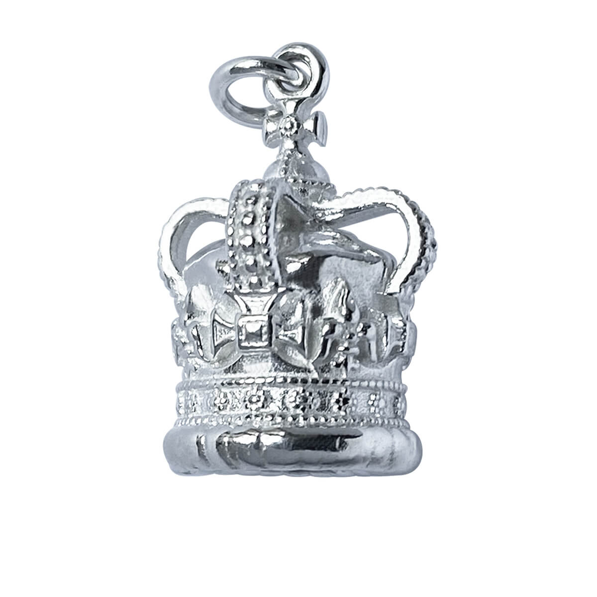 Sterling silver St Edward's crown charm on a white background