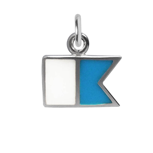 Sterling silver and blue and white enamel dive flag charm on a white background