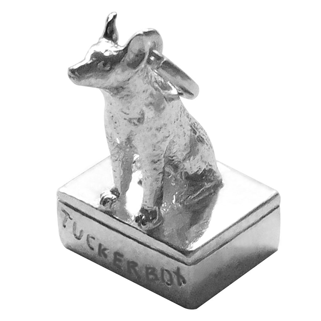 Sterling silver Australian dog on the tucker box charm on a white background