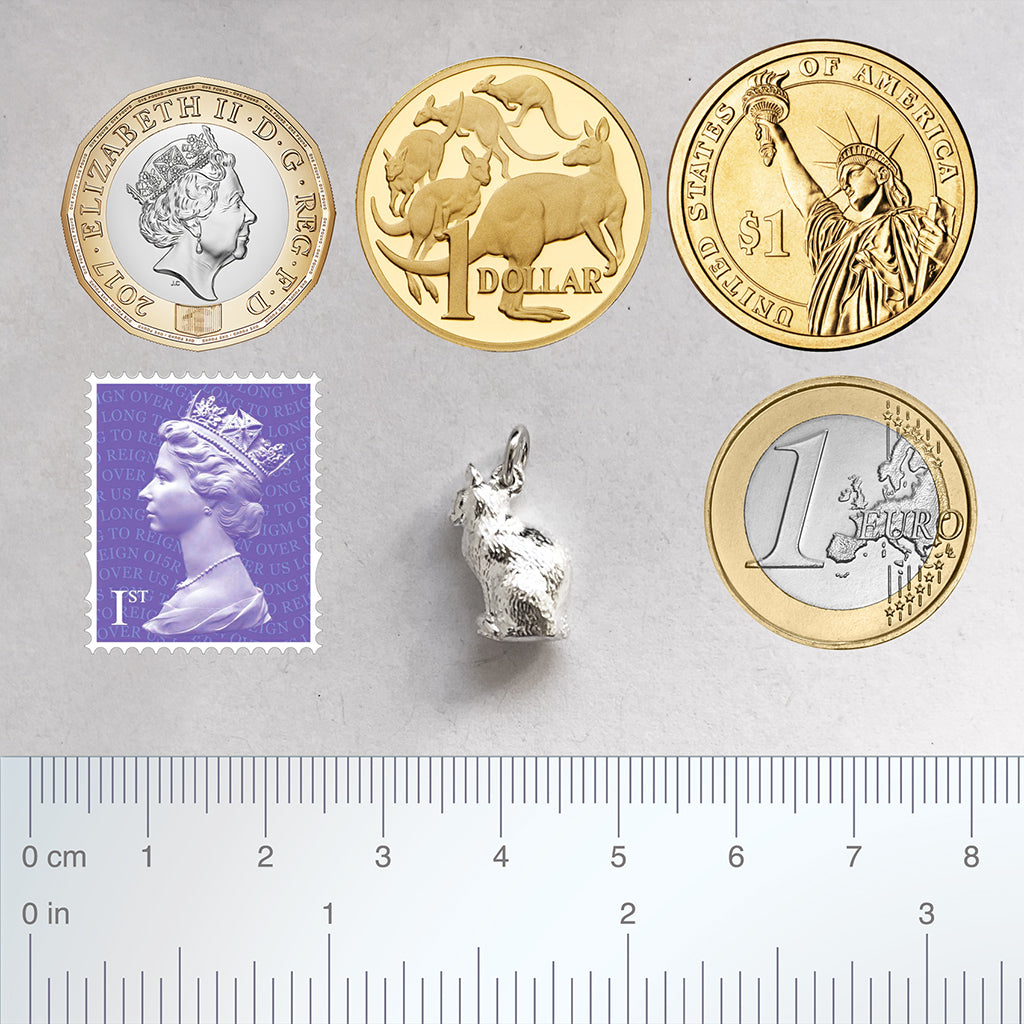 Sterling silver sitting domestic cat charm with coins, postage stamp and ruler on a grey background