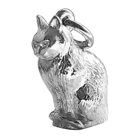 Sterling silver sitting domestic cat charm on a white background
