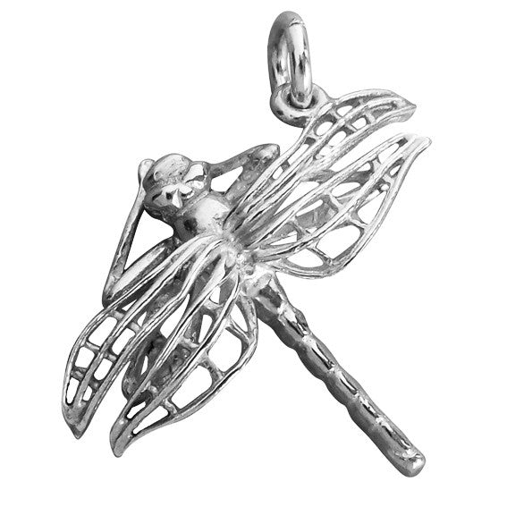 Sterling silver dragonfly charm on a white background