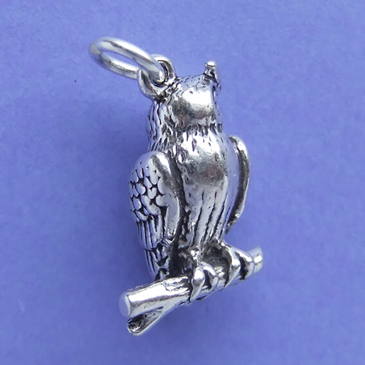 Sterling silver eagle owl charm on a purple background