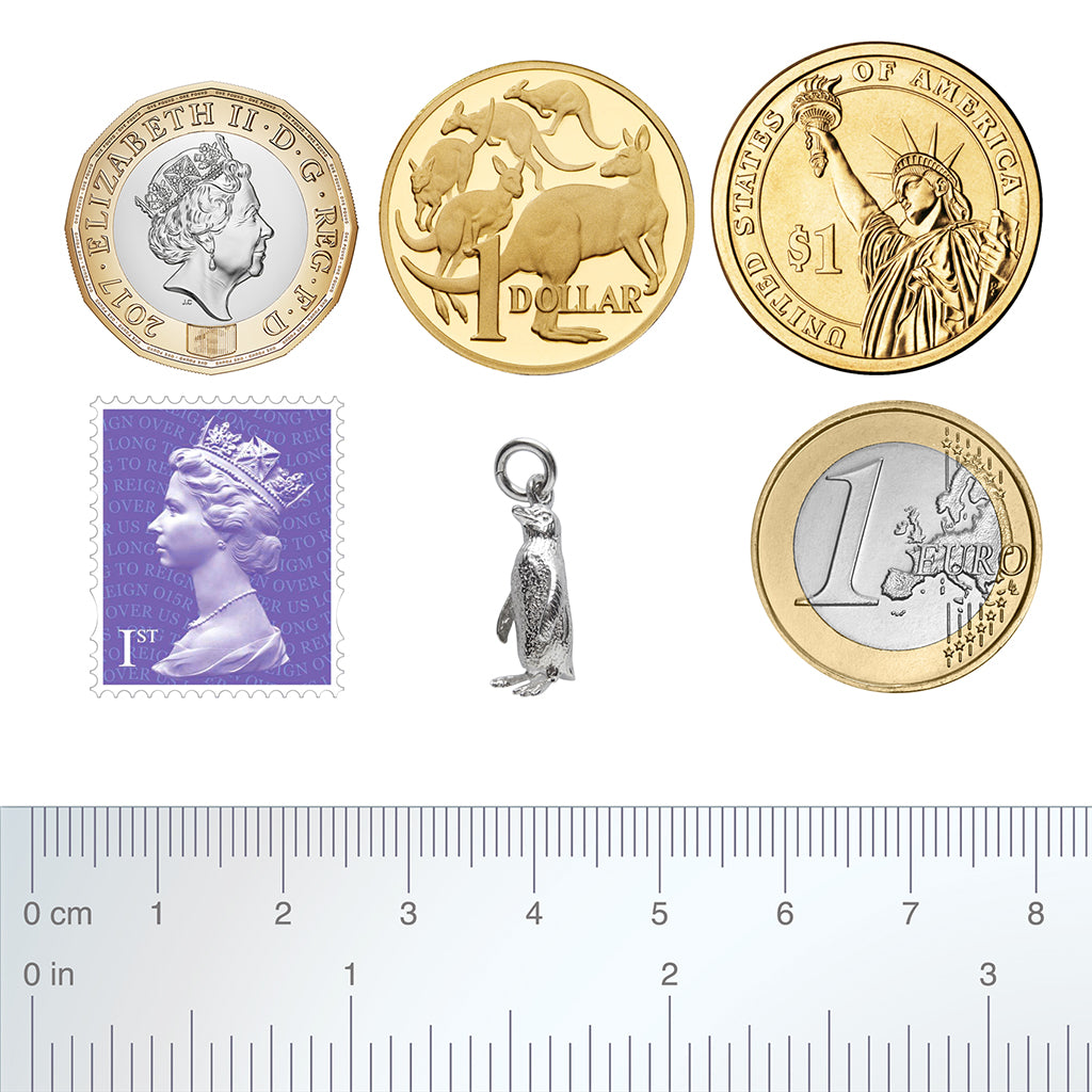 Sterling silver fairy penguin charm with coins, postage stamp and ruler for scale on a white background