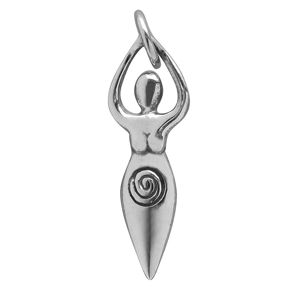 Sterling silver fertility goddess charm on a white background