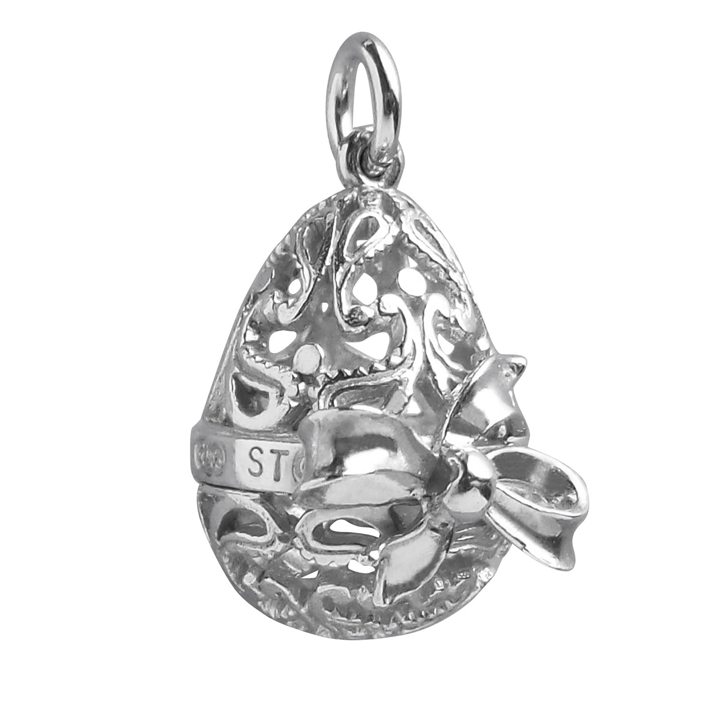Sterling silver filigree egg charm on a white background