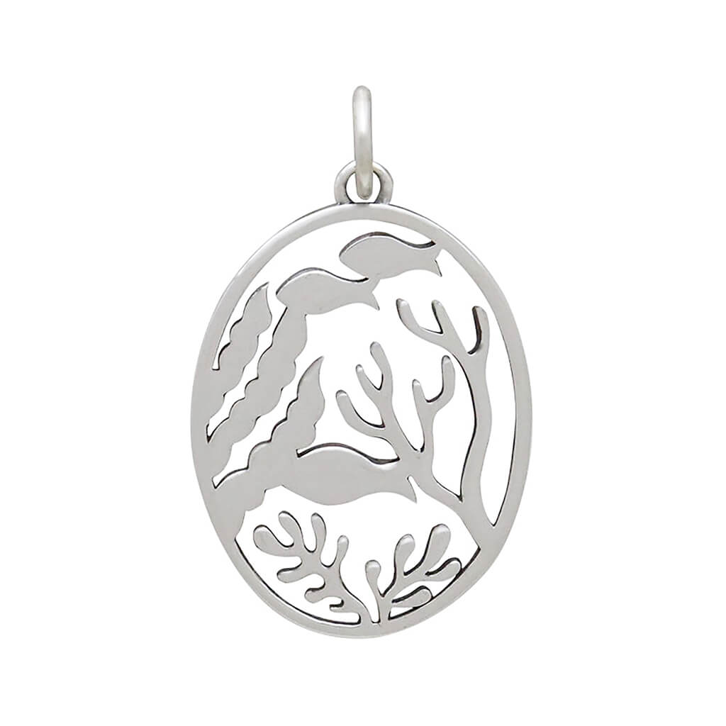 Back of sterling silver fish shoal charm on a white background