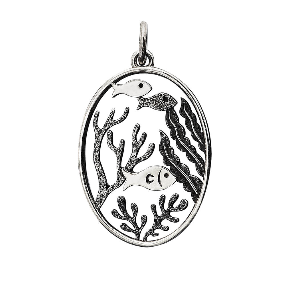 Sterling silver fish shoal charm on a white background