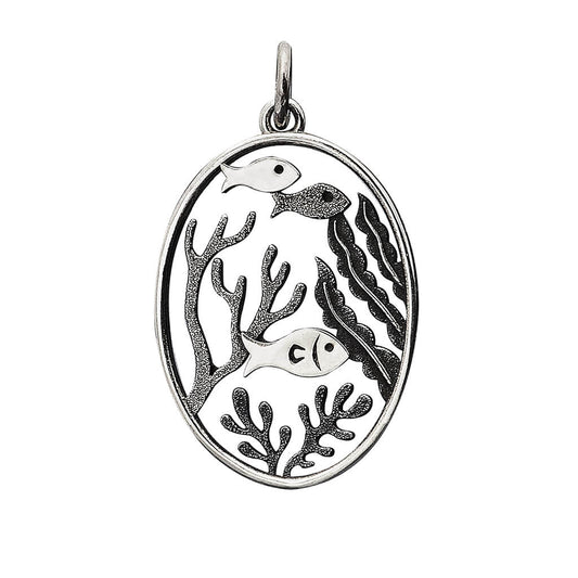 Sterling silver fish shoal charm on a white background