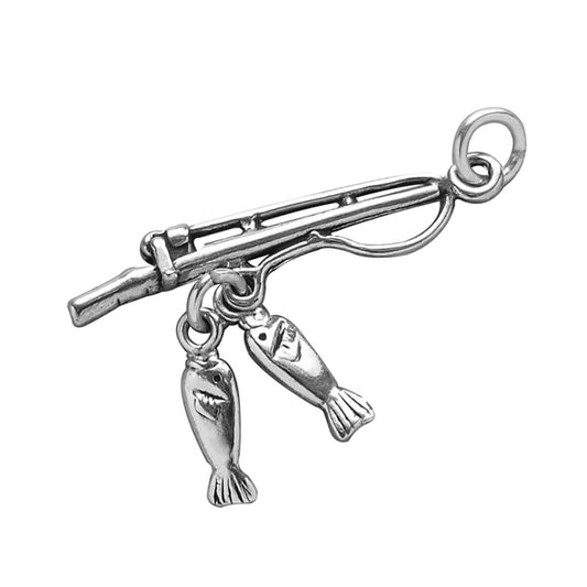 Sterling silver fishing rod and two fish charm on a white background