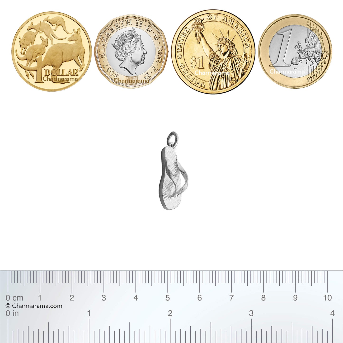 Sterling silver flip flop thong charm with coins and ruler for scale on a white background