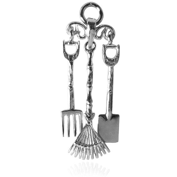 Sterling silver Garden Tools charm on a white background