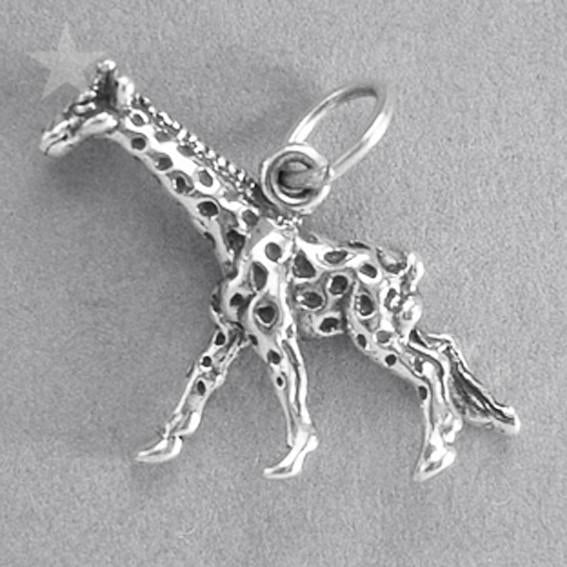 Sterling silver giraffe charm on a grey background