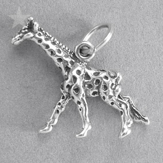 Sterling silver giraffe charm on a grey background