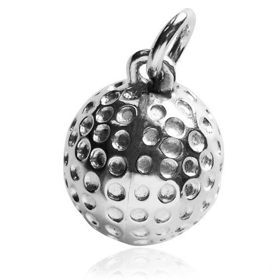 Sterling silver golf ball charm on a white background