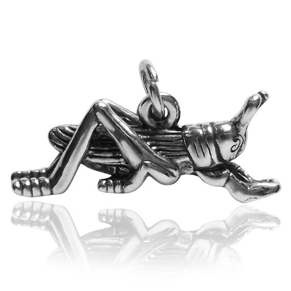 Sterling silver grasshopper charm on a white background