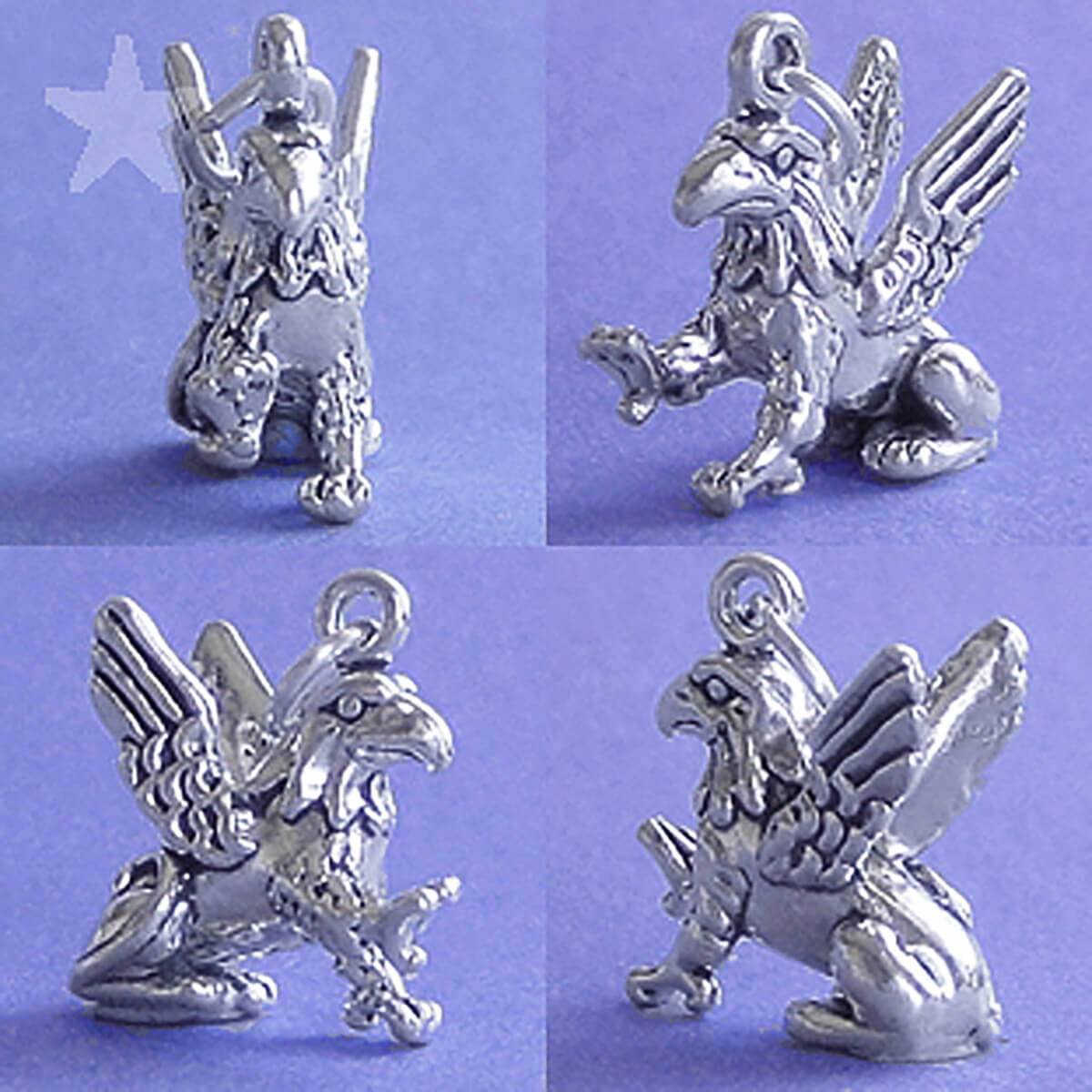 Sterling silver griffin charm seen from four angles on a purple background