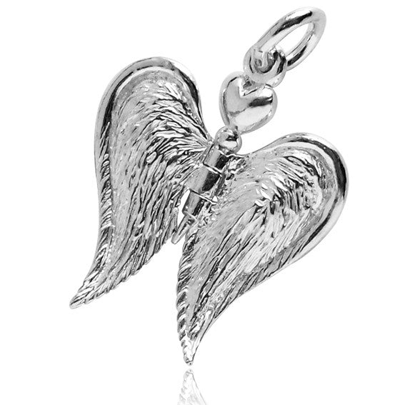 Sterling silver guardian angel wings charm on a white background