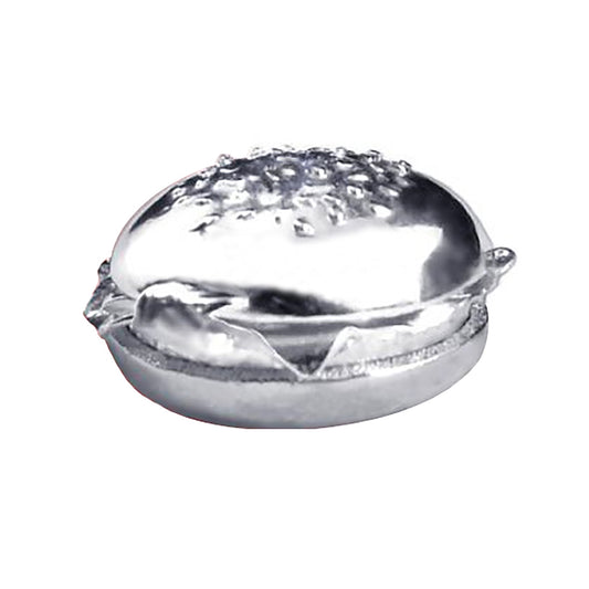 Sterling silver hamburger charm on a white background