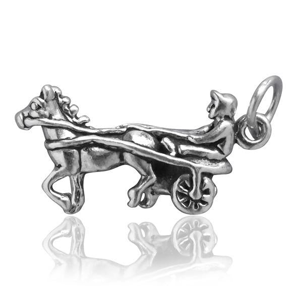 Sterling silver harness racer charm on a white background