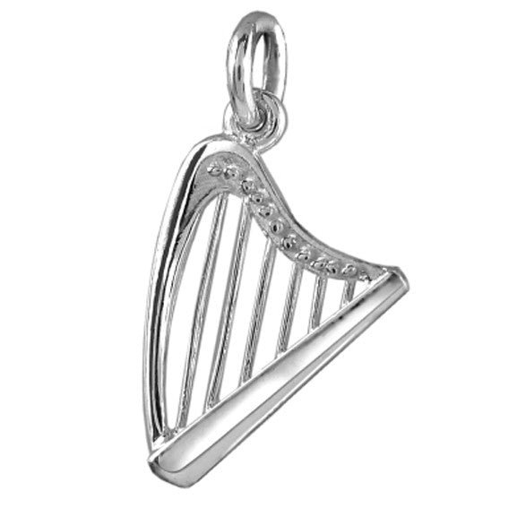 Sterling silver harp charm on a white background
