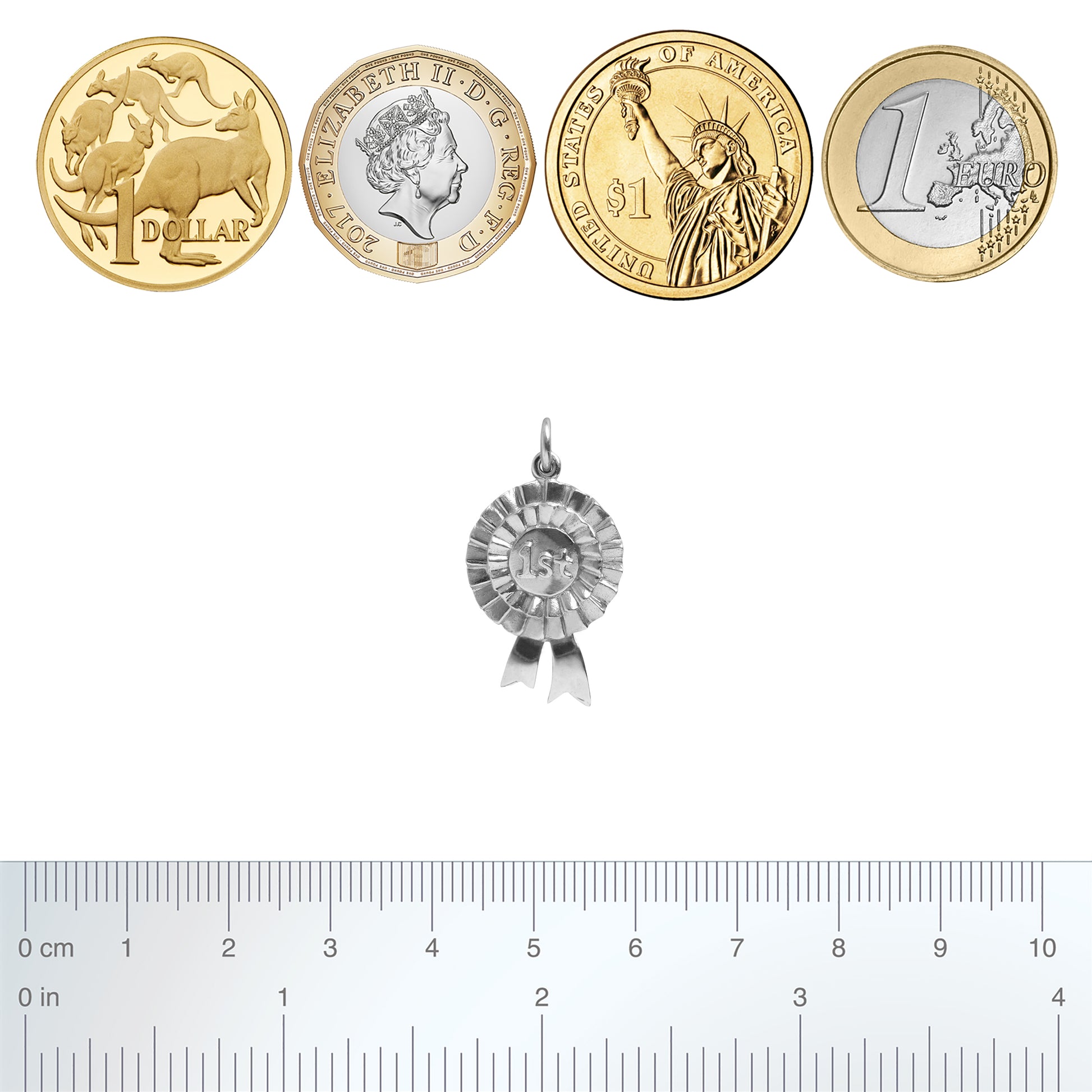 Sterling silver first prize rosette charm with coins and ruler for scale on a white background