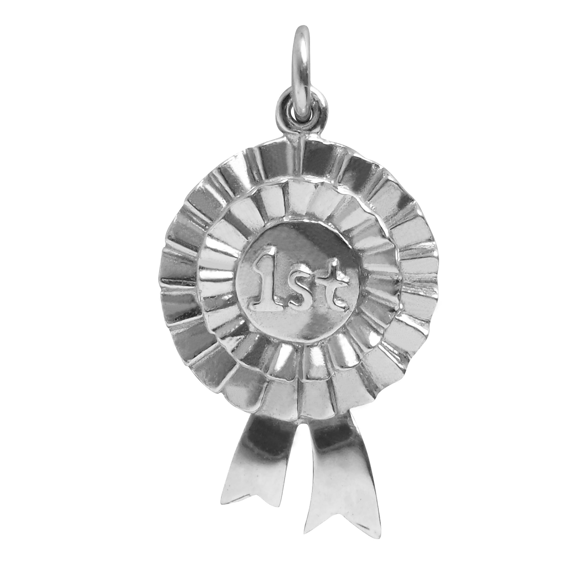 Sterling silver first prize rosette charm on a white background