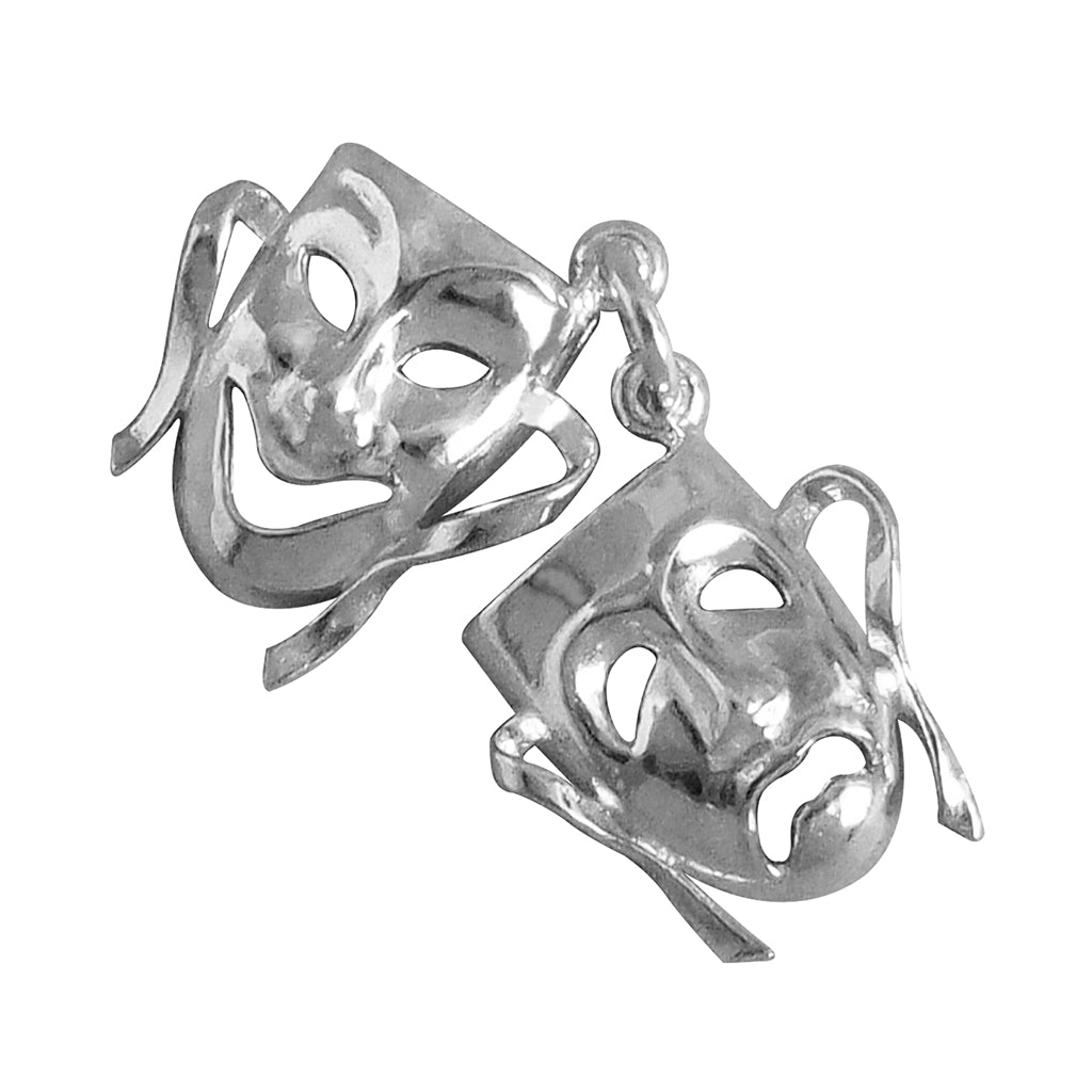 Sterling silver comedy and tragedy masks charm on a white background