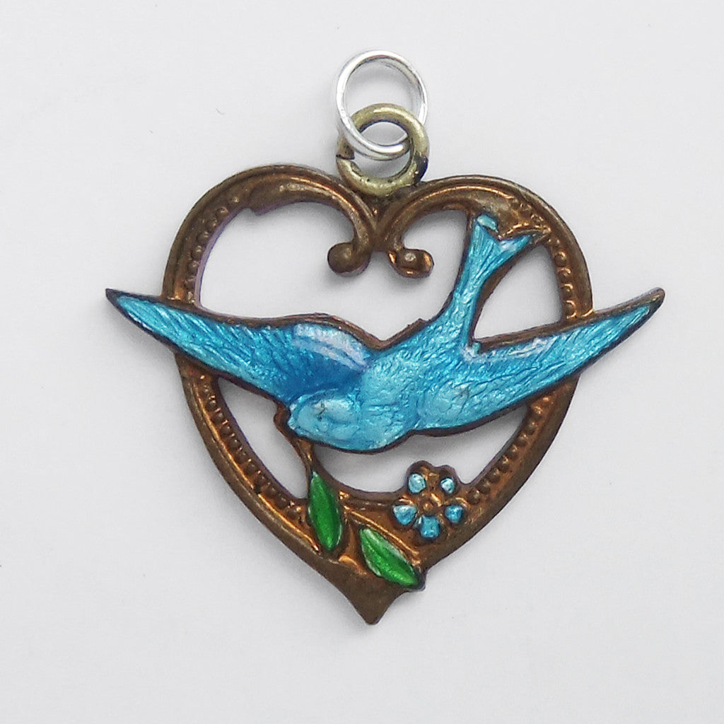 Vintage enamel bluebird forget me not flower and heart charm