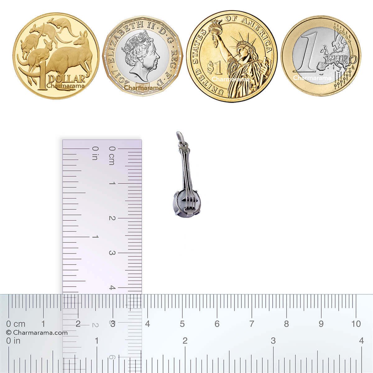 vintage banjo charm with coins and ruler for scale 