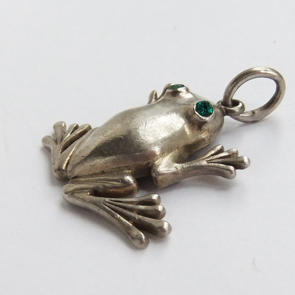 German Frog Charm 835 Silver with Green Crystal Eyes