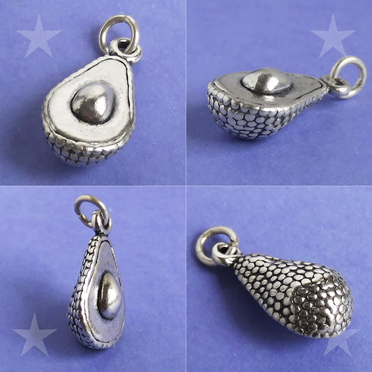 Sterling Silver Avocado Charm showing four angles, on purple background